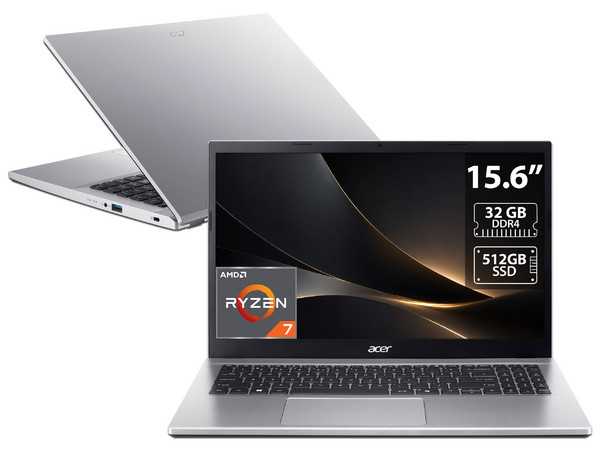Laptop Acer Aspire Go: 
Procesador AMD Ryzen 7 7730U (hasta 4.5 GHz), 
Memoria de 32GB DDR4, 
SSD de 512GB, 
Pantalla de 15.6