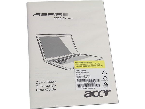 Laptop Acer Aspire 5560-SB487:
Procesador AMD A4-3300M (1.9 GHz),
Memoria de 4GB DDR3, Disco Duro de 500GB,
Pantalla HD LED de 15.6