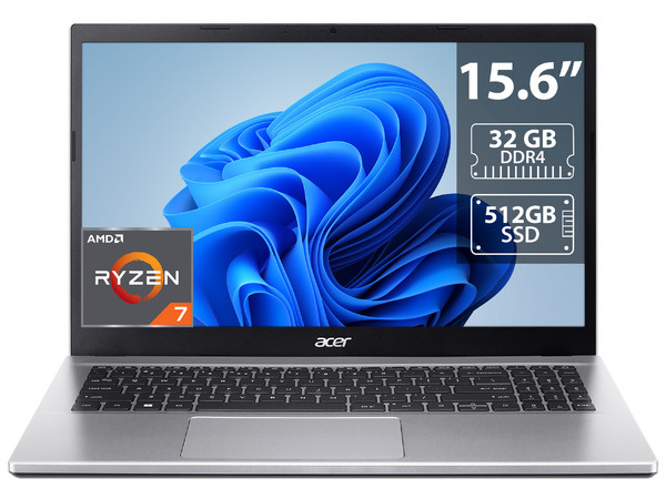 Laptop Acer Aspire 3:
Procesador AMD Ryzen 7 5700U (hasta 4.3 GHz),
Memoria de 32GB DDR4,
SSD de 512GB,
Pantalla de 15.6