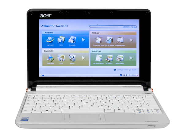 UltraPortátil Netbook Acer Aspire One:
Procesador Intel Atom N270 (1.60 GHz),
Memoria de 1GB DDR II, Almacenamiento Interno 8GB,
Pantalla de 8.9