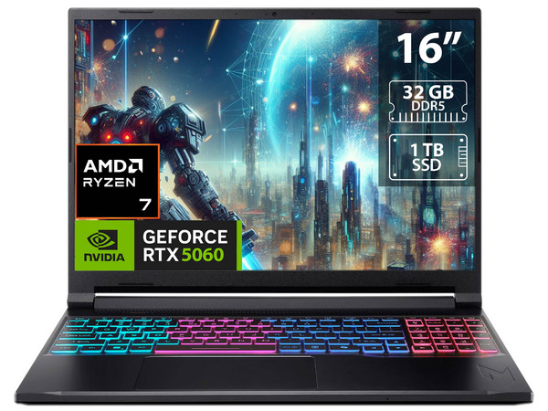 Laptop Acer Nitro V 16S AI:
Procesador AMD Ryzen 7 260 (hasta 5.1 GHz),
Memoria de 32GB DDR5,
SSD de 1TB,
Pantalla de 16