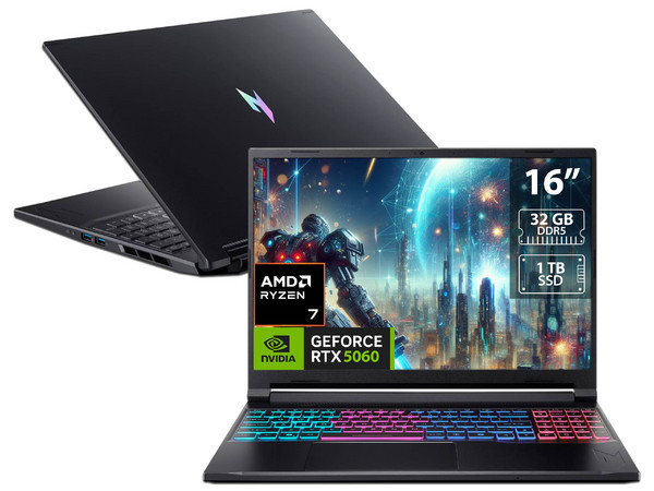 Laptop Acer Nitro V 16S AI:
Procesador AMD Ryzen 7 260 (hasta 5.1 GHz),
Memoria de 32GB DDR5,
SSD de 1TB,
Pantalla de 16