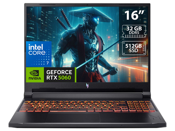 Laptop Gamer Acer Nitro V: 
Procesador Intel Core 7 240H (hasta 5.2 GHz), 
Memoria de 32GB DDR5, 
SSD de 512GB, 
Pantalla de 16