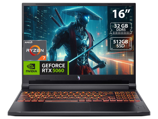 Laptop Gamer Acer Nitro V: 
Procesador Intel Core 7 240H (hasta 5.2 GHz), 
Memoria de 32GB DDR5, 
SSD de 512GB, 
Pantalla de 16