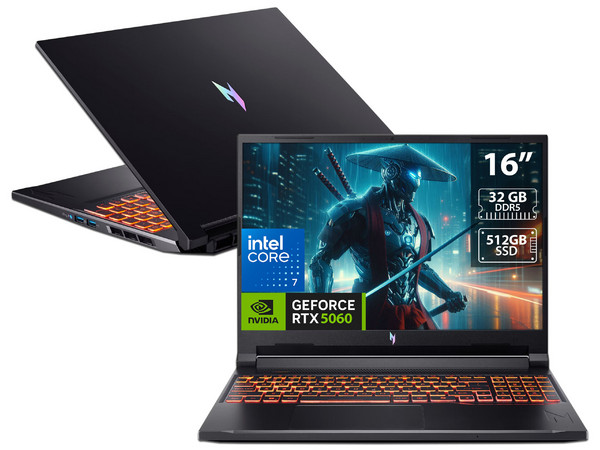 Laptop Gamer Acer Nitro V: 
Procesador Intel Core 7 240H (hasta 5.2 GHz), 
Memoria de 32GB DDR5, 
SSD de 512GB, 
Pantalla de 16