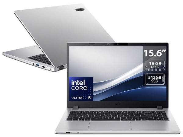 Laptop Acer TravelMate P2 15:
Procesador Intel Core Ultra 5 225U (hasta 4.8 GHz),
Memoria de 16GB DDR5,
SSD de 512GB,
Pantalla de 15.6