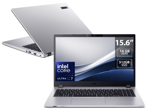 Laptop Acer TravelMate P2 15:
Procesador Intel Core Ultra 7 225U (hasta 5.2 GHz),
Memoria de 16GB DDR5,
SSD de 512GB,
Pantalla de 15.6