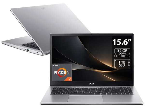 Laptop Acer Aspire Go: 
Procesador AMD Ryzen 7 7730U (hasta 4.5 GHz), 
Memoria de 32GB DDR4, 
SSD de 1TB, 
Pantalla de 15.6