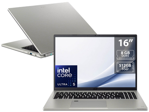 Laptop Acer Aspire Vero 16: 
Procesador Intel Core Ultra 5 125U (hasta 4.3 GHz), 
Memoria de 8GB DDR5, 
SSD de 512GB, 
Pantalla de 16