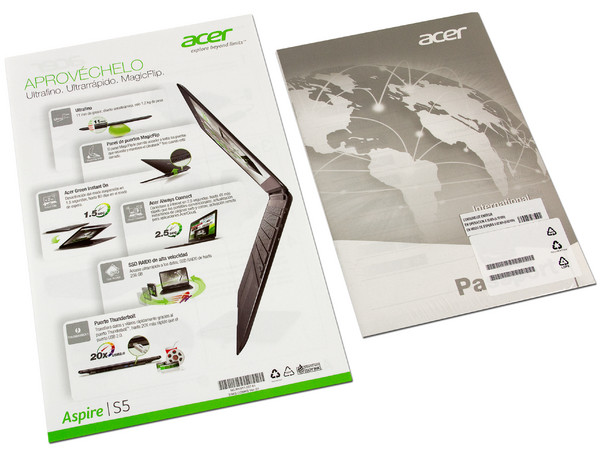 Ultrabook Acer Aspire S5-391-6454:
Procesador Intel Core i5-3317UM (1.70 GHz) 3ra Generación,
Memoria de 4GB DDR3, SSD de 128GB,
Pantalla LED de 13.3