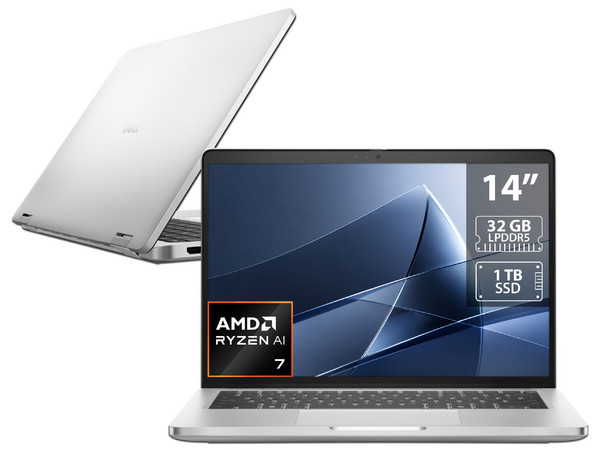 Laptop DELL Pro 14 Plus PB14250:
Procesador AMD Ryzen 7 AI 350 (hasta 5.0 GHz),
Memoria de 32GB LPDDR5,
SSD de 1TB,
Pantalla de 14