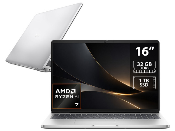 Laptop DELL Pro 16:
Procesador AMD Ryzen 7 AI 350 (hasta 5.0 GHz),
Memoria de 32GB DDR5,
SSD de 1TB,
Pantalla de 16