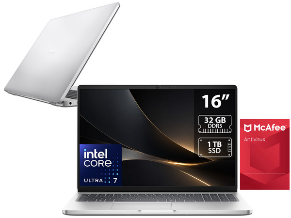 Laptop DELL Pro 16: 
Procesador Intel Core Ultra 7 255U (hasta 5.2 GHz), 
Memoria de 32GB DDR5, 
SSD de 1TB, 
Pantalla de 16