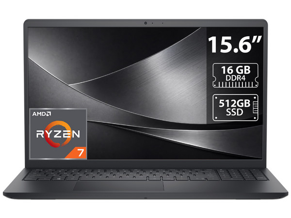 Laptop DELL LDC15255-7656BLK-PUS: 
Procesador AMD Ryzen 7 7730U (hasta 4.5 GHz), 
Memoria de 16GB DDR4, 
SSD de 512GB, 
Pantalla de 15.6