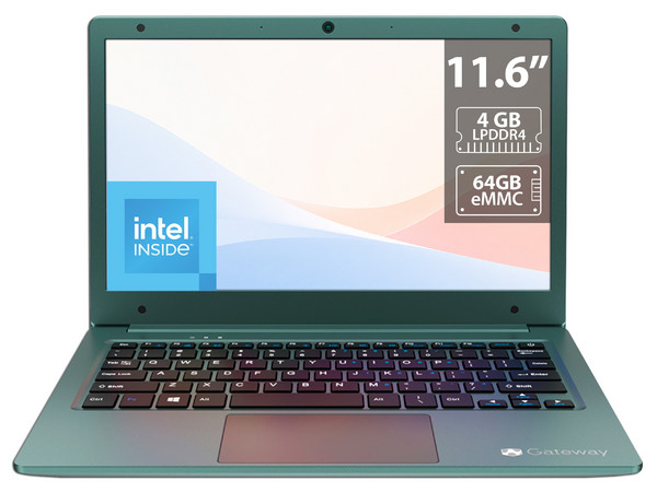 Laptop Gateway GWTN116:
Procesador Intel Celeron N4020 (hasta 2.80 GHz),
Memoria de 4GB LPDDR4,
Almacenamiento de 64GB,
Pantalla de 11.6