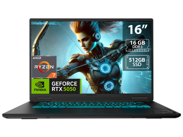 Laptop Gamer Gigabyte A16: 
Procesador AMD Ryzen 7 260 (hasta 5.1 GHz), 
Memoria de 16GB DDR5, 
SSD de 512GB, 
Pantalla de 16
