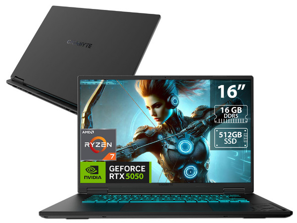 Laptop Gamer Gigabyte A16: 
Procesador AMD Ryzen 7 260 (hasta 5.1 GHz), 
Memoria de 16GB DDR5, 
SSD de 512GB, 
Pantalla de 16