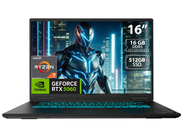 Laptop Gamer Gigabyte A16: 
Procesador AMD Ryzen 7 170 (hasta 4.75 GHz),
Memoria de 16GB DDR5,
SSD de 512GB, 
Pantalla de 16