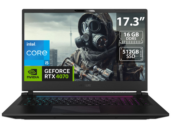 Laptop Gamer Gigabyte Aorus 17 9SF: 
Procesador Intel Core i5 12500H (hast 4.5 GHz), 
Memoria de 16GB DDR5, 
SSD de 512GB, 
Pantalla de 17.3