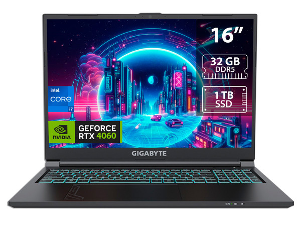 Laptop Gamer Gigabyte G6:
Procesador Intel Core i7 13620H (Hasta 4.9 GHz),
Memoria de 32GB DDR5,
SSD de 1TB,
Pantalla de 16