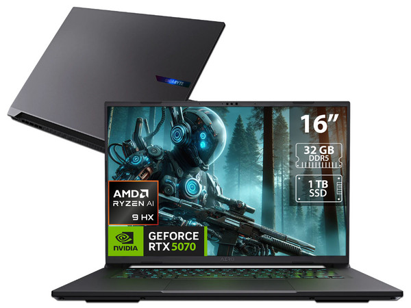 Laptop Gamer Gigabyte AERO X16: 
Procesador AMD Ryzen AI 9 HX 370 (hasta 5.1 GHz), 
Memoria de 32GB DDR5, 
SSD de 1TB, 
Pantalla de 16