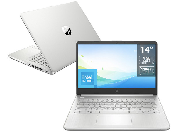Laptop HP 14-DQ6101DX: 
Procesador Intel N150 (hasta 3.6 GHz), 
Memoria de 4GB DDR4, 
UFS de 128GB, 
Pantalla de 14