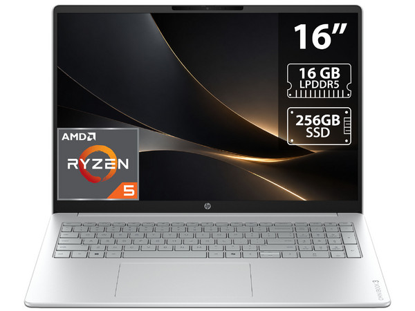 Laptop HP OmniBook 3:
Procesador AMD Ryzen 5 40 (hasta 4.3 GHz), 
Memoria de 16GB LPDDR5, 
SSD de 256GB, 
Pantalla de 16