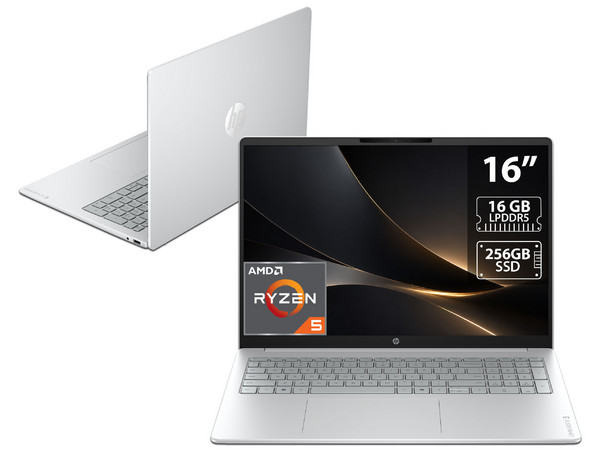 Laptop HP OmniBook 3:
Procesador AMD Ryzen 5 40 (hasta 4.3 GHz), 
Memoria de 16GB LPDDR5, 
SSD de 256GB, 
Pantalla de 16