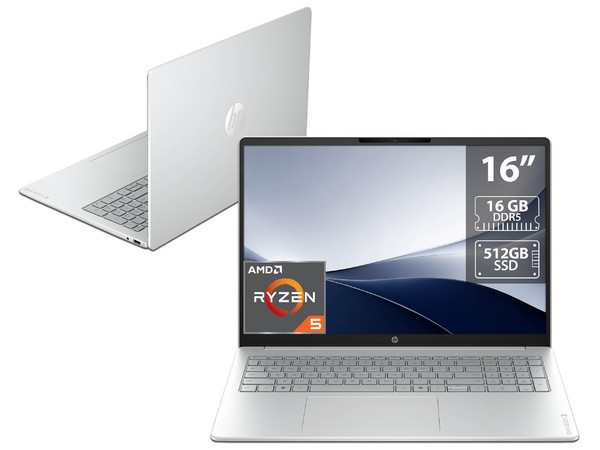 Laptop HP OmniBook 3:
Procesador AMD Ryzen 5 40 (hasta 4.3 GHz), 
Memoria de 16GB LPDDR5, 
SSD de 512GB, 
Pantalla de 16
