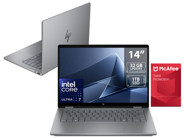 Laptop HP OmniBook X Flip: 
Procesador Intel Core Ultra 7 258V (hasta 4.8 GHz), 
Memoria de 32GB LPDDR5, 
SSD de 1TB, 
Pantalla de 14