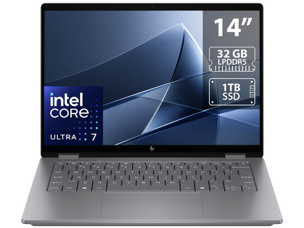 Laptop HP OmniBook X Flip: 
Procesador Intel Core Ultra 7 258V (hasta 4.8 GHz), 
Memoria de 32GB LPDDR5, 
SSD de 1TB, 
Pantalla de 14
