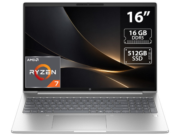 Laptop HP ProBook 4 AIG1a:
Procesador AMD Ryzen 7 250 (hasta 5.1 GHz),
Memoria de 16GB DDR5,
SSD de 512GB,
Pantalla de 16