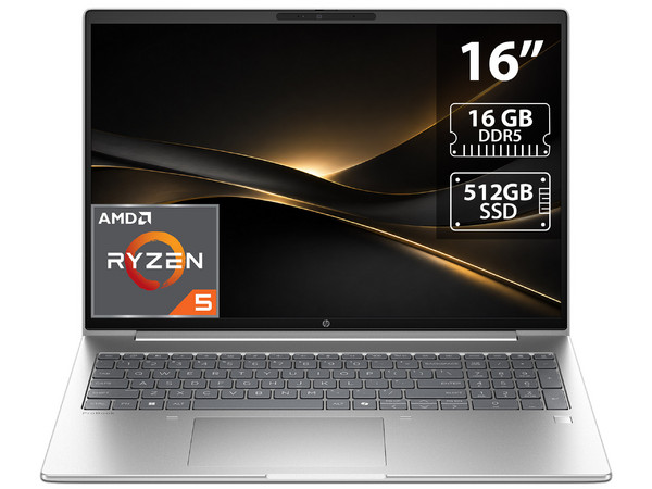Laptop HP ProBook 4 G1ah:
Procesador AMD Ryzen 5 220 (hasta 4.9 GHz),
Memoria de 16GB DDR5,
SSD de 512GB,
Pantalla de 16