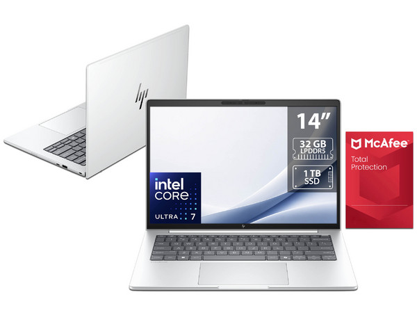 Laptop HP EliteBook 8 Next Gen AIG2i: 
Procesador Intel Core Ultra 7 356H (hasta 4.7 GHz), 
Memoria de 32GB LPDDR5, 
SSD de 1TB, 
Pantalla de 14
