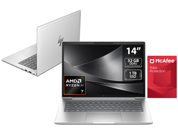 Laptop HP EliteBook 6 AI G2a: 
Procesador AMD Ryzen AI 7 445 (hasta 4.6 GHz), 
Memoria de 32GB DDR5, 
SSD de 512GB, 
Pantalla de 14