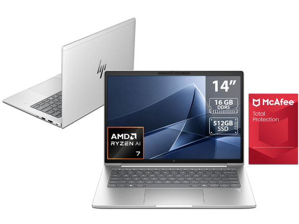 Laptop HP EliteBook 6 AI G2a: 
Procesador AMD Ryzen AI 7 445 (hasta 4.6 GHz), 
Memoria de 16GB DDR5, 
SSD de 512GB, 
Pantalla de 14
