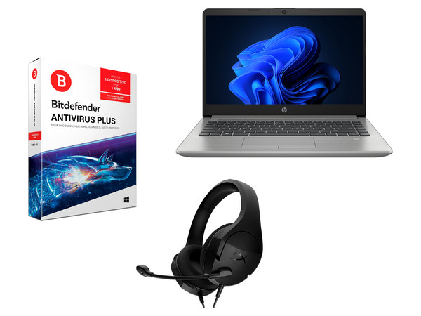 Laptop HP 240 G9:
Procesador Intel Celeron N4500 (hasta 2.80 GHz),
Memoria de 8GB DDR4,
SSD de 256GB,
Pantalla de 14