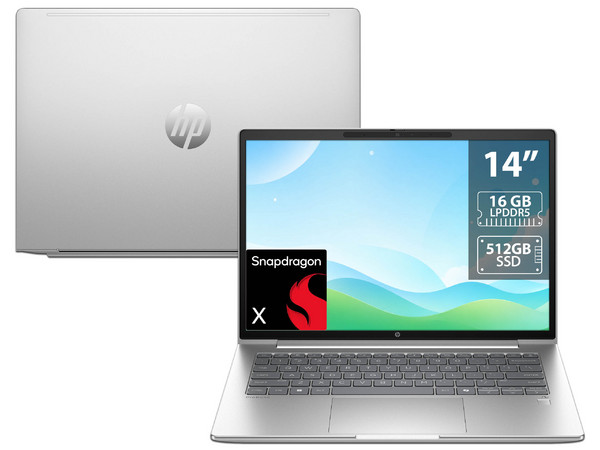 Laptop HP ProBook  4 G1q:
Qualcomm Snapdragon X1-26-100 (hasta 2.7 Ghz),
Memoria de 16GB LPDDR5,
SSD de 512GB,
Pantalla de 14