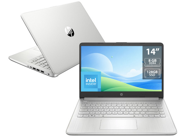 Laptop HP 14:
Procesador Intel N150 (hasta 3.6 Ghz),
Memoria de 8GB DDR4,
SSD de 128GB,
Pantalla de 14