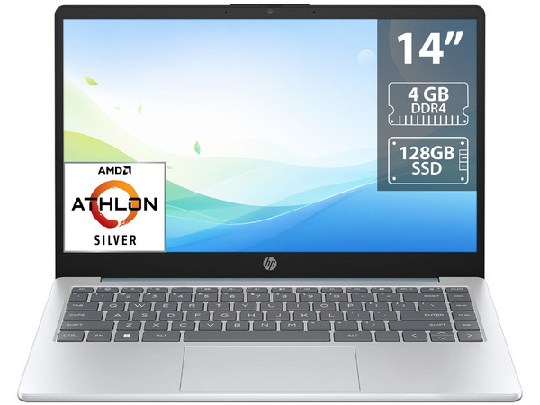 Laptop HP 14-EM0002WM:
Procesador AMD Athlon Silver 7120U (hasta 3.5 Ghz),
Memoria de 4GB DDR4,
SSD de 128GB,
Pantalla de 14