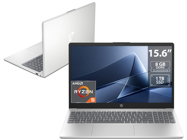 Laptop HP 15-FC0025WM: 
Procesador AMD Ryzen 5 7520U (hasta 4.3 GHz), 
Memoria de 8GB DDR5, 
SSD de 1TB, 
Pantalla de 15.6