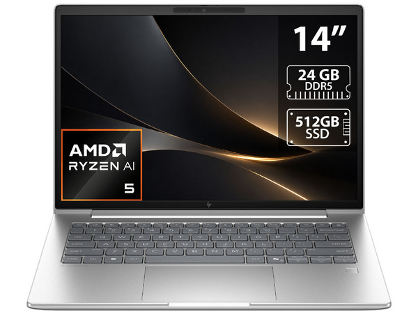 Laptop HP  EliteBook 6 G1a: 
Procesador AMD Ryzen AI 5 340 (hasta 4.8 GHz), 
Memoria de 24GB DDR5, 
SSD de 512GB, 
Pantalla de 14