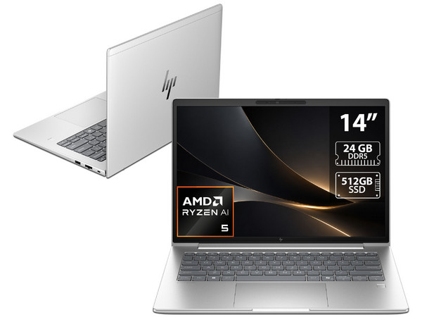 Laptop HP  EliteBook 6 G1a: 
Procesador AMD Ryzen AI 5 340 (hasta 4.8 GHz), 
Memoria de 24GB DDR5, 
SSD de 512GB, 
Pantalla de 14