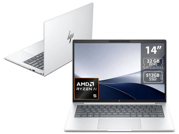 Laptop HP EliteBook 8 G1a: 
Procesador AMD Ryzen AI 5 PRO 340 (hasta 4.8 GHz), 
Memoria de 32GB DDR5, 
SSD de 512GB, 
Pantalla de 14