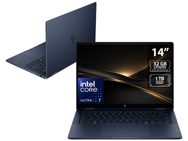Laptop HP Elitebook X Flip AIG2i:
Procesador Intel Core Ultra 7 X 358H (hasta 4.8 GHz),
Memoria de 32GB LPDDR5,
SSD de 1TB,
Pantalla de 14