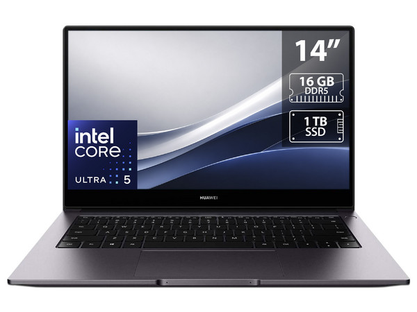 Laptop Huawei Matebook 14: 
Procesador Intel Core Ultra 5 125H (hasta 4.5 GHz), 
Memoria de 16GB DDR5, 
SSD de 1TB, 
Pantalla de 14