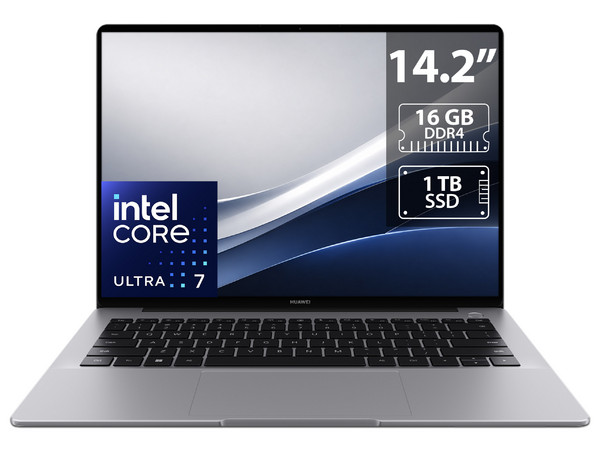 Laptop Huawei MateBook 14: 
Procesador Intel Core Ultra 7 155H (hasta 4.8 GHz), 
Memoria de 16GB DDR4, 
SSD de 1TB, 
Pantalla de 14.2