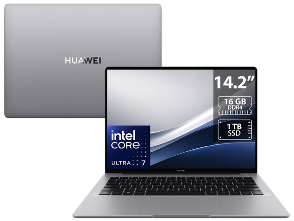 Laptop Huawei MateBook 14: 
Procesador Intel Core Ultra 7 155H (hasta 4.8 GHz), 
Memoria de 16GB DDR4, 
SSD de 1TB, 
Pantalla de 14.2