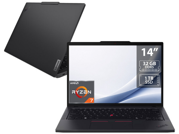 Laptop Lenovo ThinkPad T14 Gen 5: 
Procesador AMD Ryzen 7 8840U (hasta 5.1 GHz), 
Memoria de 32GB DDR5, 
SSD de 1TB, 
Pantalla de 14