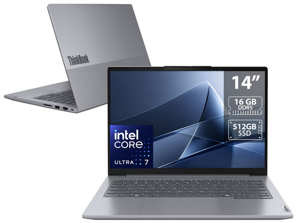 Laptop Lenovo ThinkBook 14 G7: 
Procesador Intel Core Ultra 7 155H (hasta 4.8 GHz), 
Memoria de 16GB DDR5, 
SSD de 512GB, 
Pantalla de 14